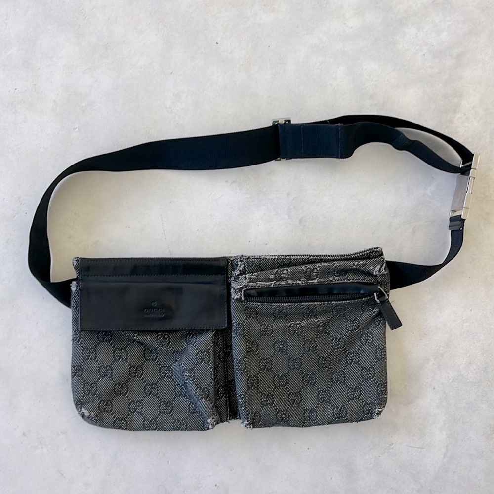 Vintage GUCCI Black Denim and Leather Double Pocket Belt Bag